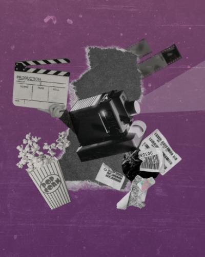 An array of objects in the center, including a film camera, a clapperboard, film frames, tags with barcodes, and a movie theater popcorn, against a faded purple background styled as a piece of paper with a hole ripped from the center.